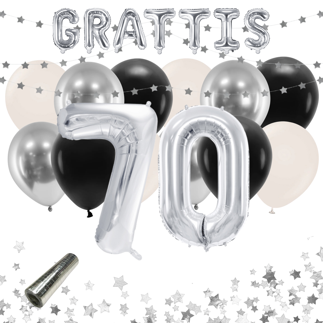 Färdigt festkit med ballonger och dekorationer i silver och svart för 70-årsfest och födelsedag