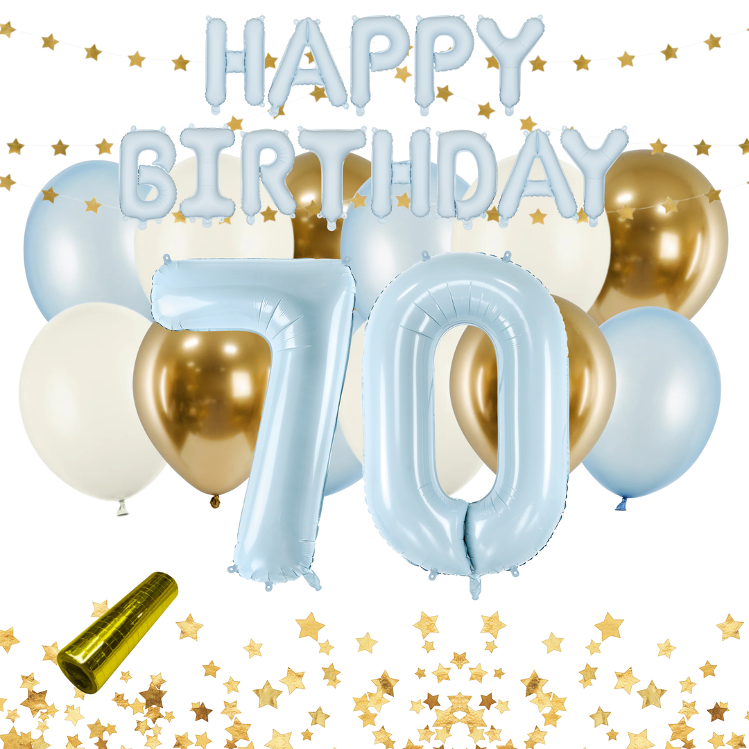 Festkit Ljusblå 70 år med Happy Birthday-bokstäver, sifferballonger 70 och ballonger i ljusblått, beige och guld för 70-årsfirande och födelsedag.