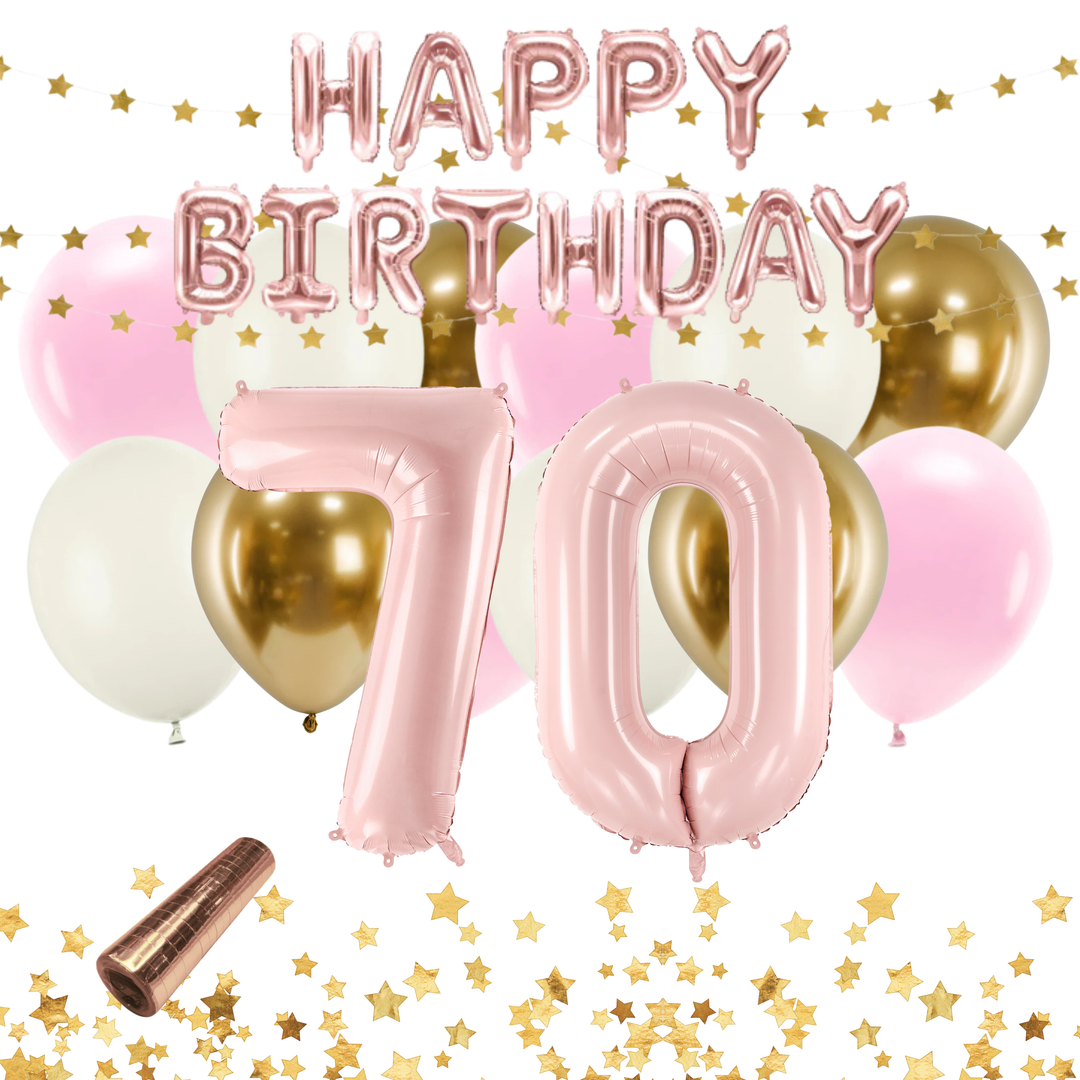 Festkit 70-år med ballonger och festdekorationer i rosa och guld till 70-årsfest och födelsedag