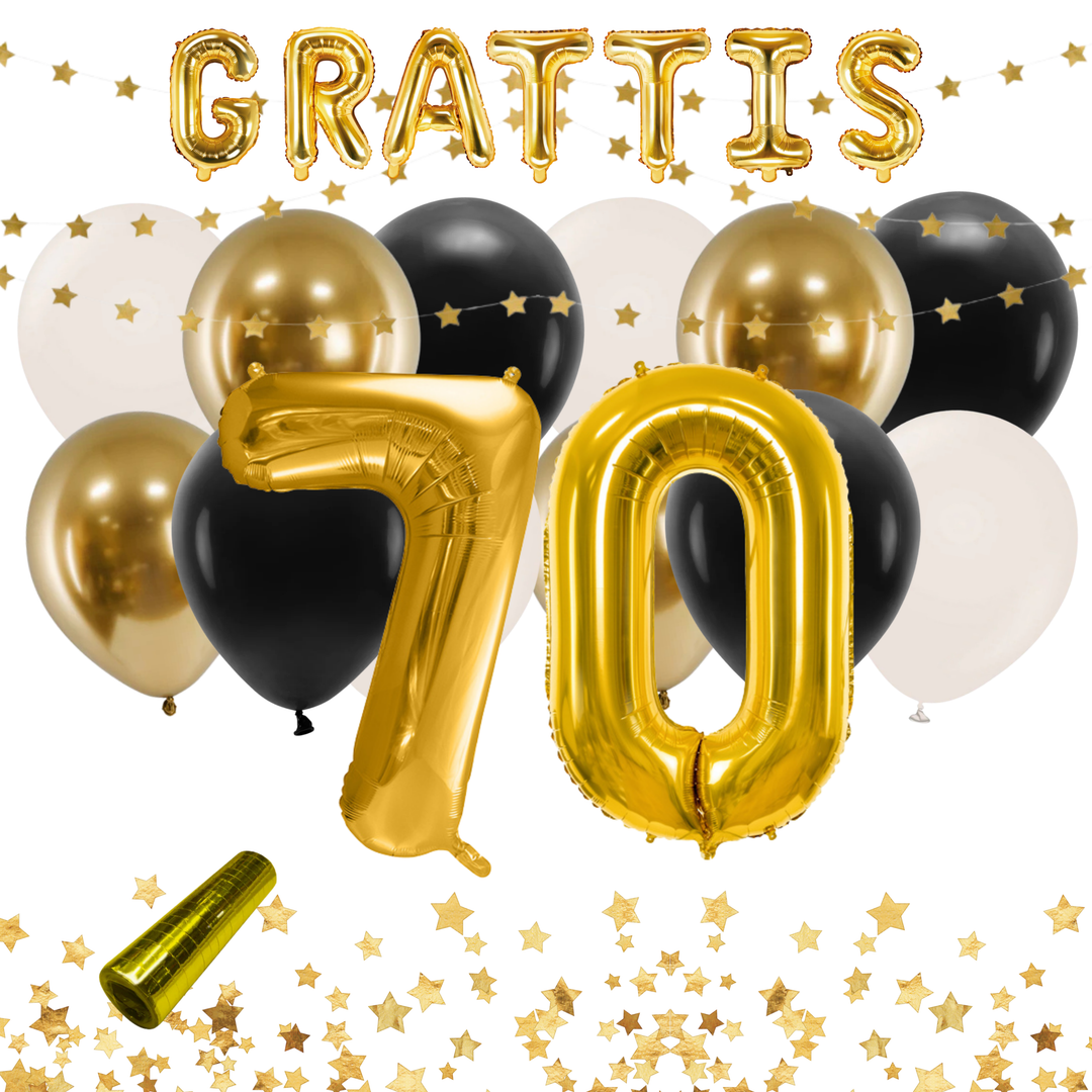 Festkit med dekorationer i färgerna svart och guld, till 70-årsfest och födelsedag.