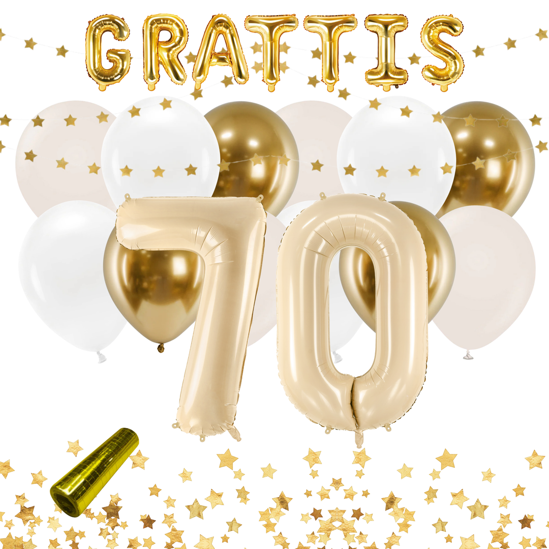 Festkit i beige och guld med dekorationer och ballonger till 70-årsfest och födelsedag