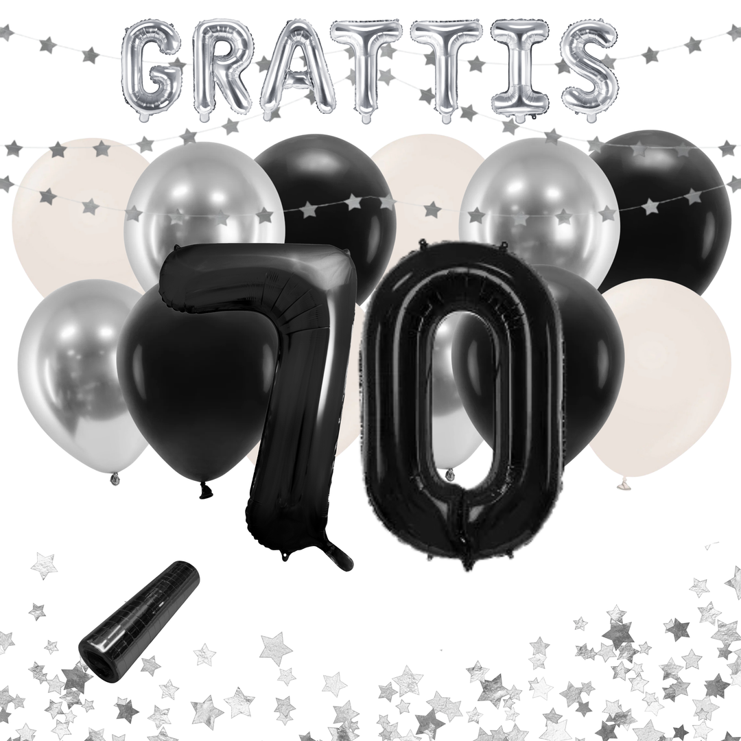 Festkit 70 år i svart och silver med ballonger och dekorationer.