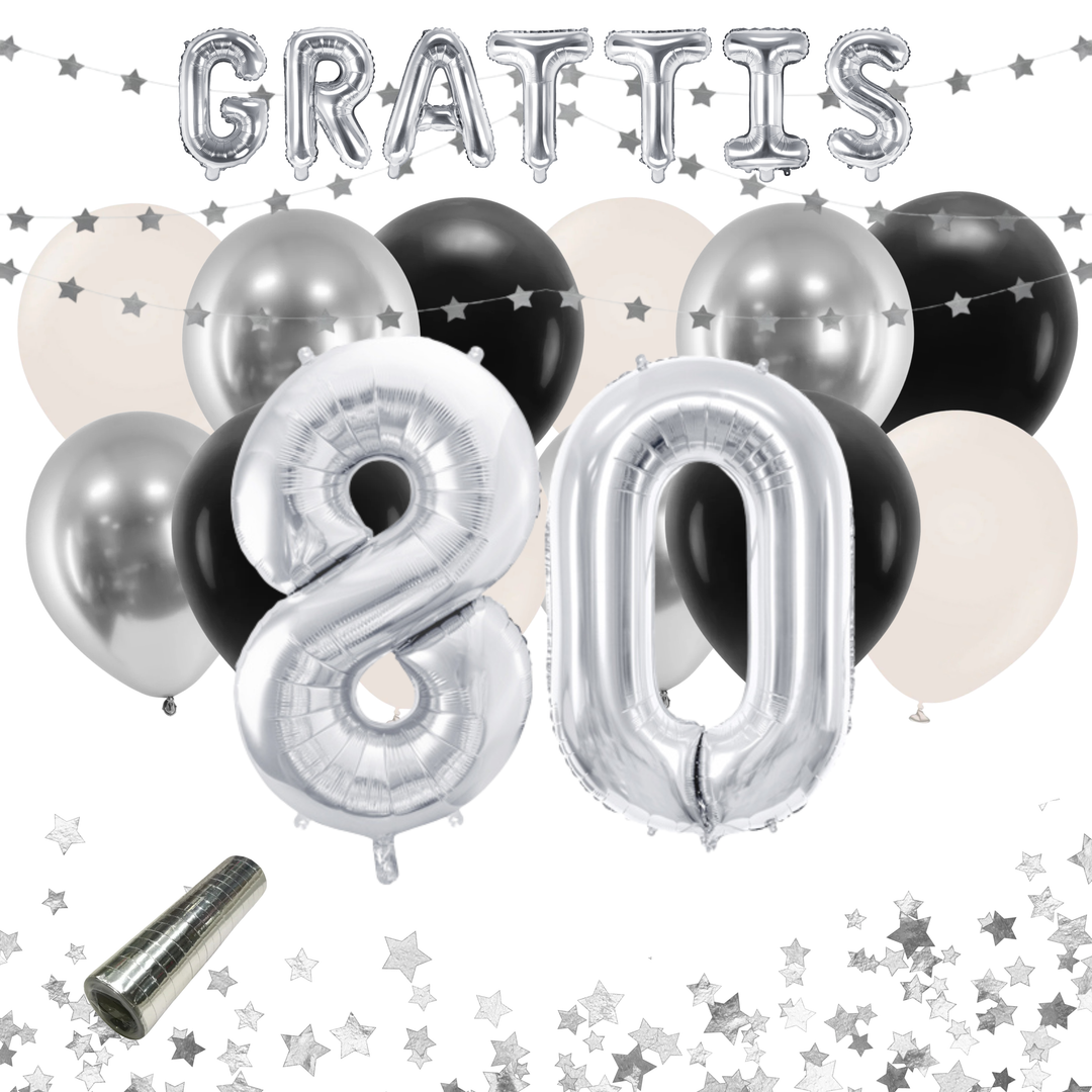 Färdigt festkit med ballonger och dekorationer i silver och svart för 80-årsfest och födelsedag