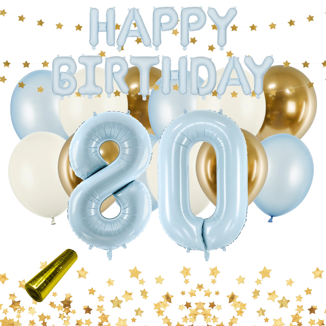 Festkit Ljusblå 80 år med Happy Birthday-bokstäver, sifferballonger 80 och ballonger i ljusblått, beige och guld för 80-årsfirande och födelsedag