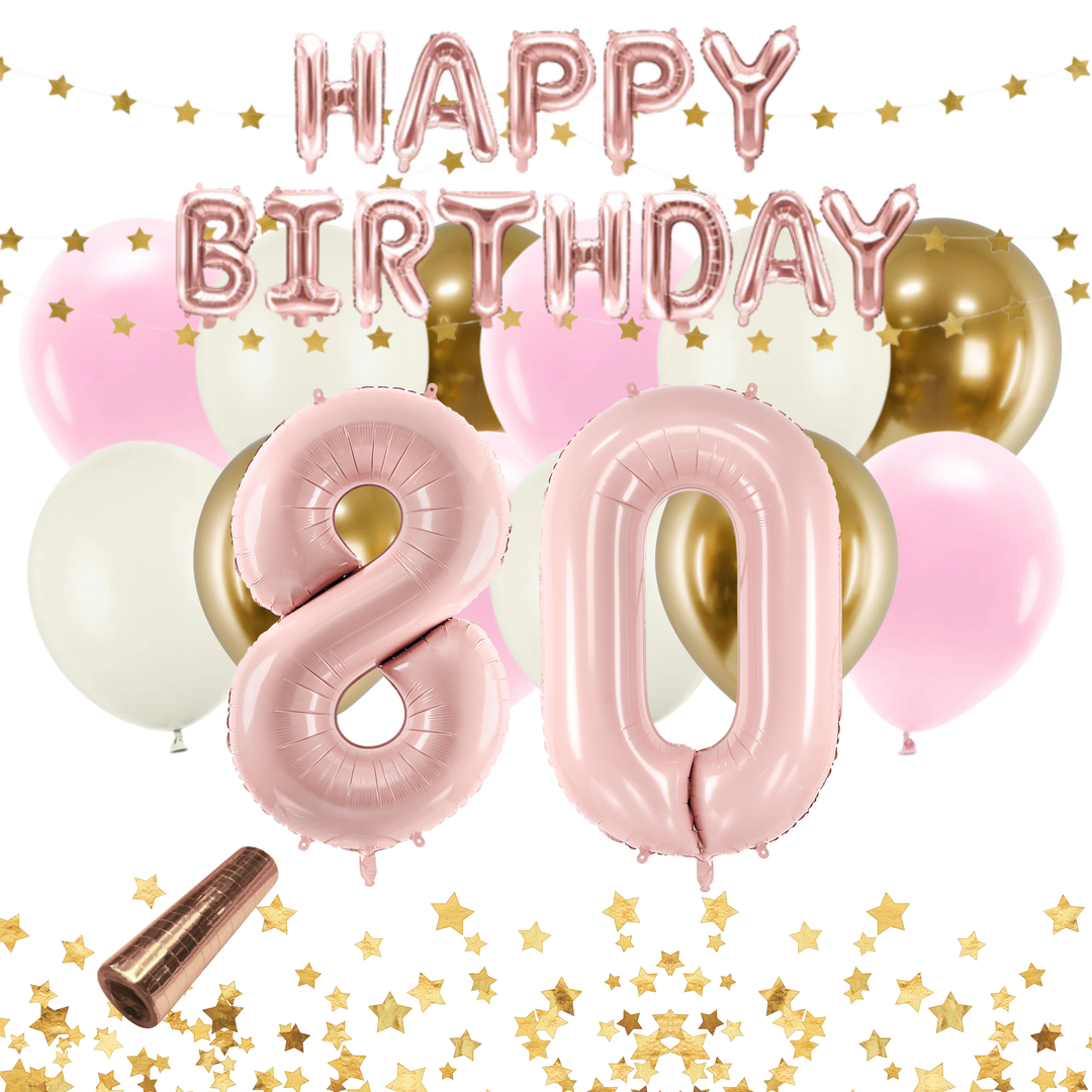 Festkit 80-år i rosa och guld med ballonger och festdekorationer för 80-årsfest och födelsedag