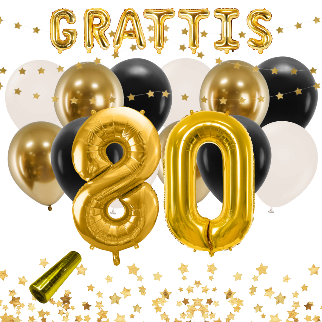 Festkit med dekorationer i färgerna svart och guld, till 80-årsfest och födelsedag.