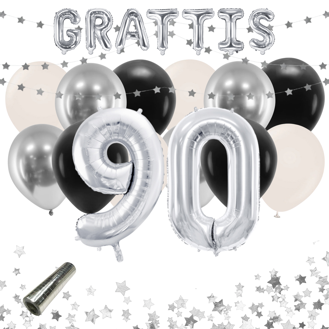 Färdigt festkit med ballonger och dekorationer i silver och svart för 90-årsfest och födelsedag