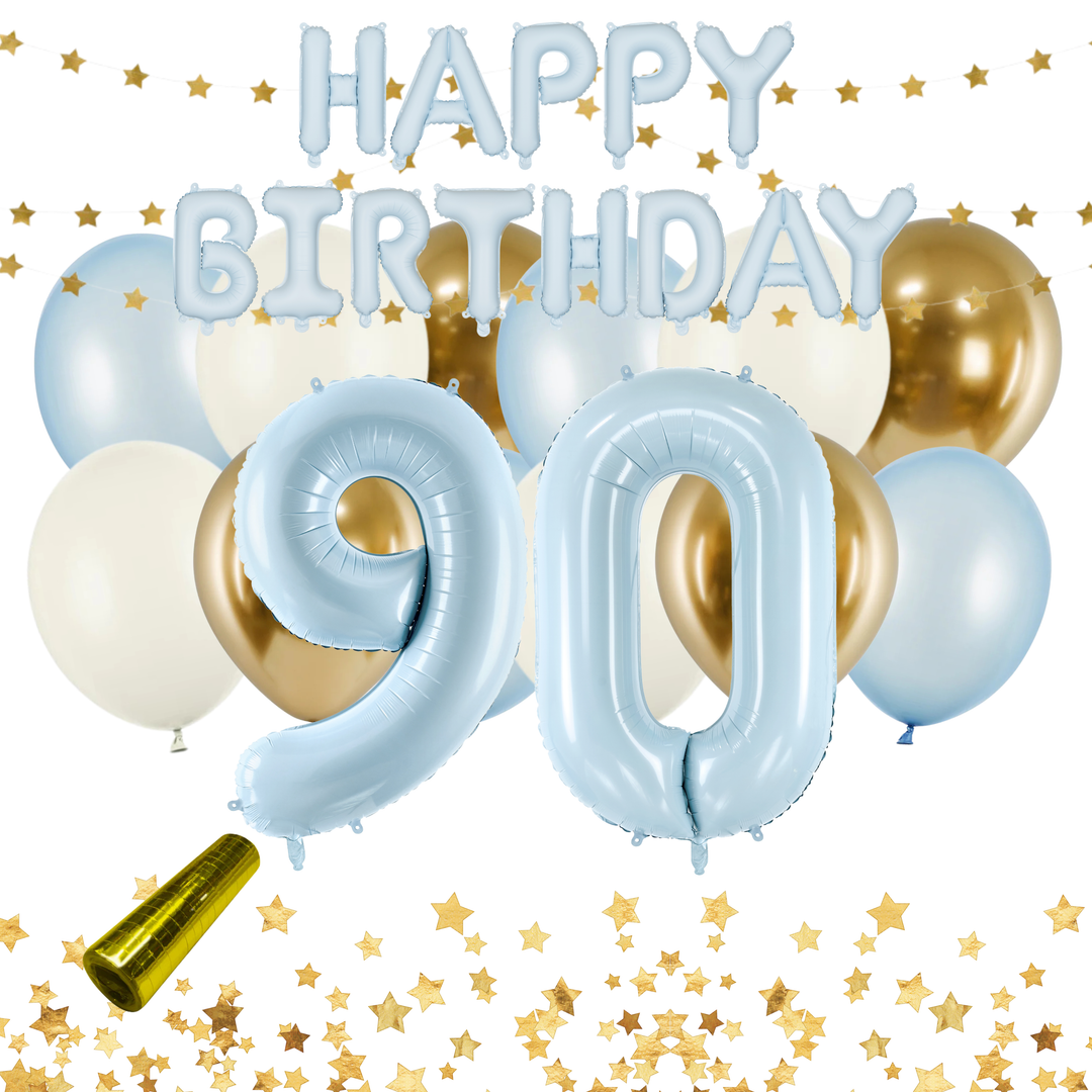 Festkit Ljusblå 90 år med Happy Birthday-bokstäver, sifferballonger 90 och ballonger i ljusblått, beige och guld för 90-årsfirande och födelseag