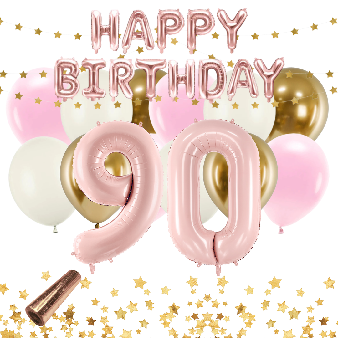 Festkit 90-år med ballonger och festdekorationer i rosa och guld, för 90-årsfirande och födelsedag.