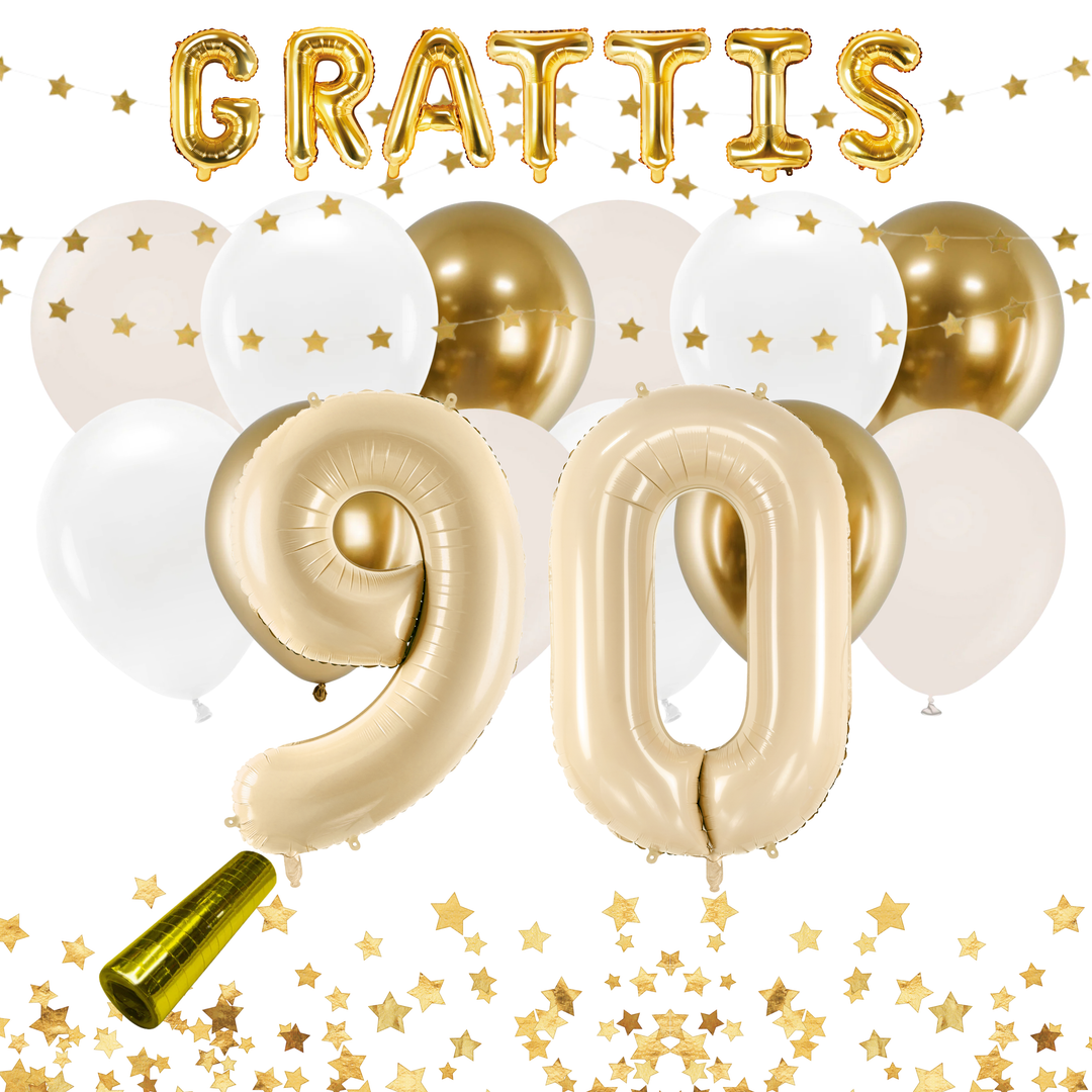 Festkit med dekorationer och ballonger i beige och guld för 90-årsfest och födelsedag