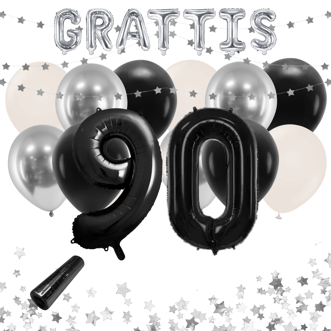 Festkit 90 år i svart och silver med ballonger och dekorationer