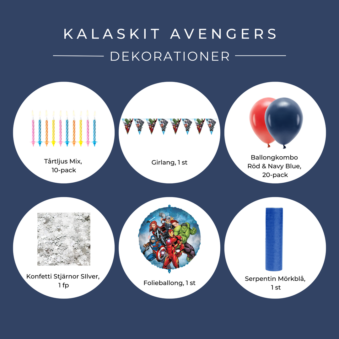 Innehåll kalaskit dekorationer med Avengers-tema för barnkalas