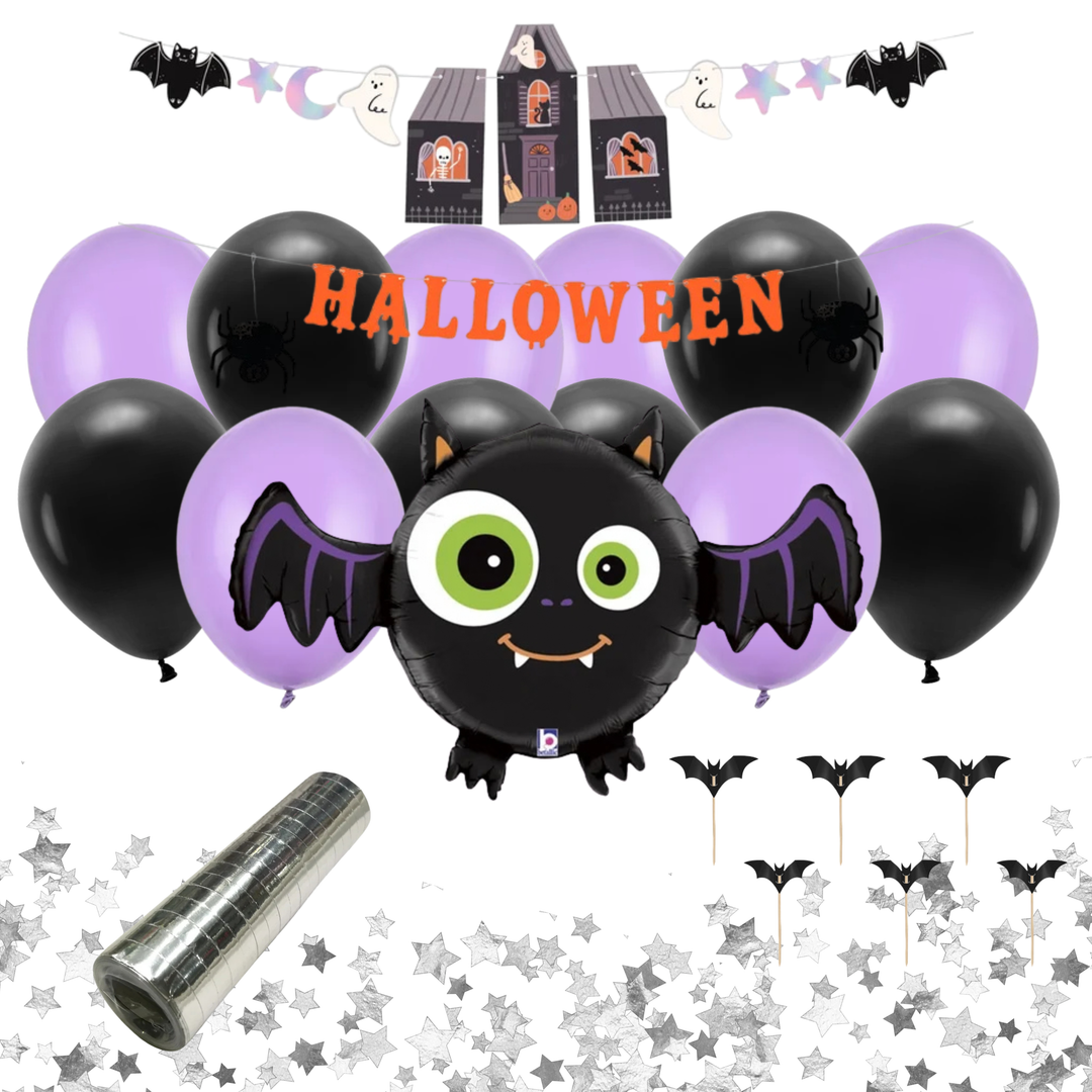 Halloween Spooky Friends kalaskit med svarta och lavendelfärgade ballonger och Halloween-dekorationer till barnkalas och Halloween-kalas