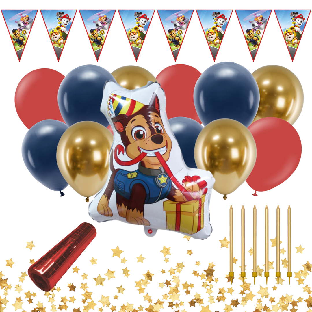 Paw Patrol dekorationskit med ballonger, flaggirlang och dekorationer till barnkalas