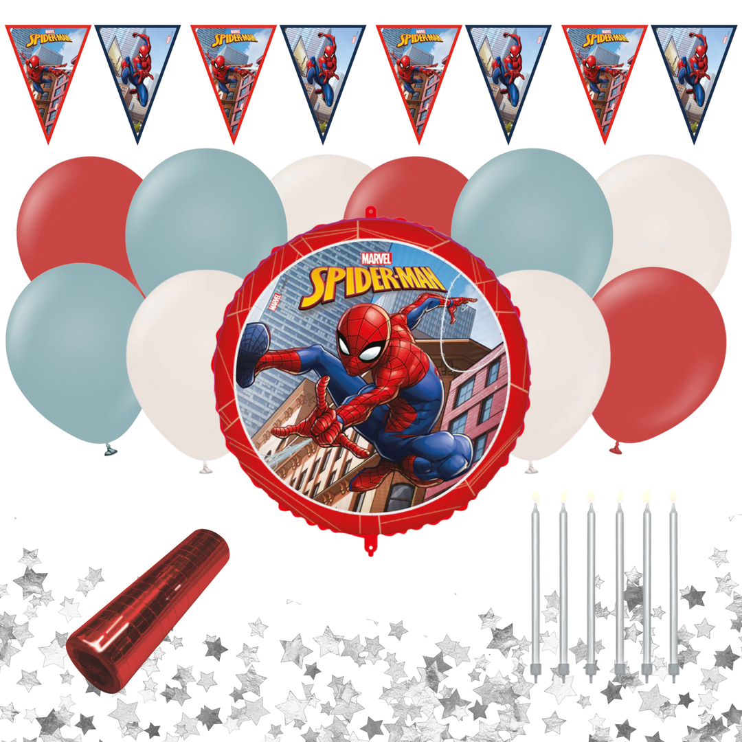 Färdigt Spiderman kalaskit med dekorationer och ballonger till barnkalas och födelsedag