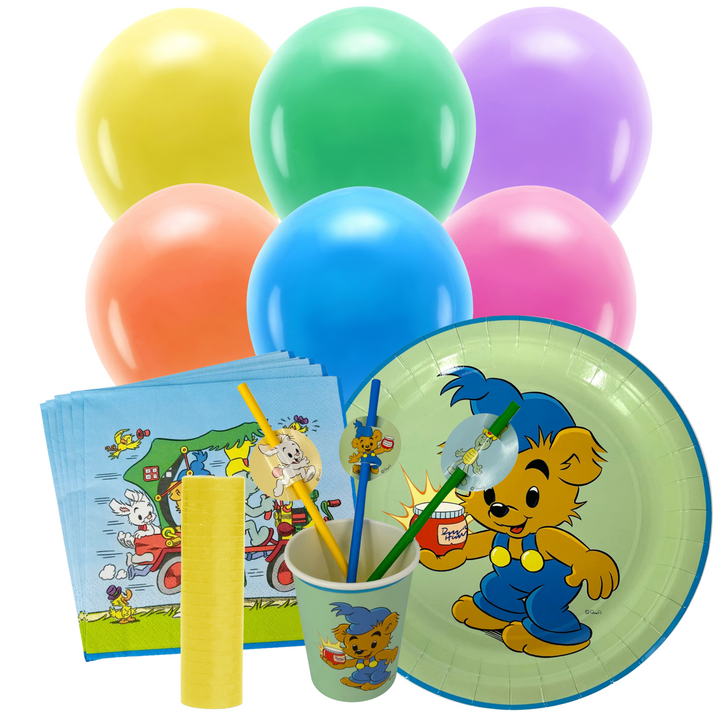 Färdigt dukningskit med Bamse-motiv för barnkalas.