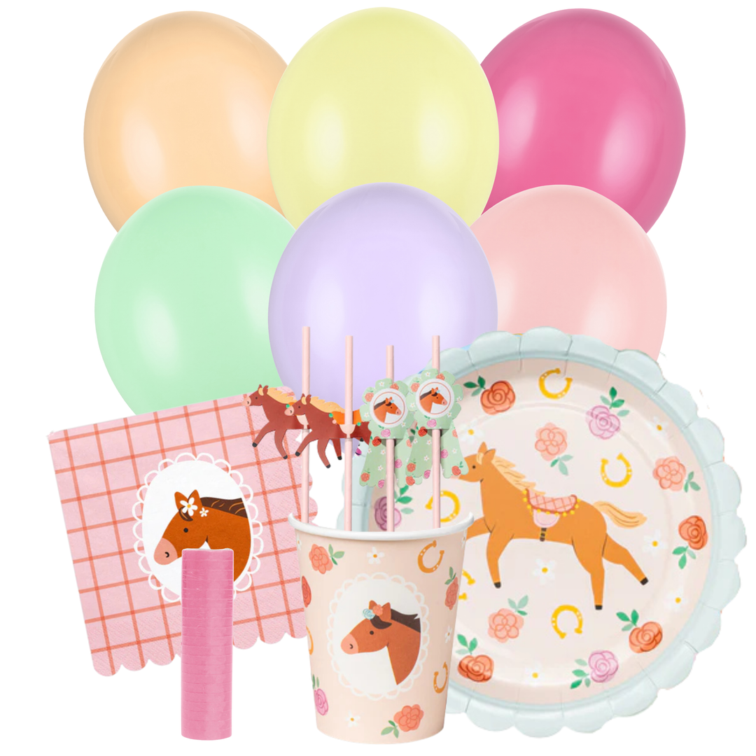 Färdigt dukningskit / kalaskit med Häst-tema. Tallrikar, muggar, servetter och ballonger till hästkalas, barnkalas och födelsedag