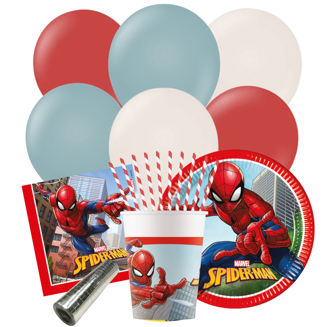 Spiderman kalaskit dukning med tallrikar, muggar, servetter och ballonger till barnkalas och födelsedag