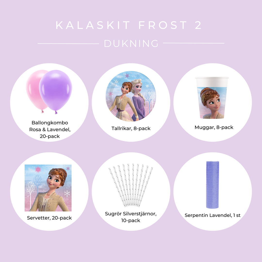 Innehåll kalaskit dukning med Frost-tema 