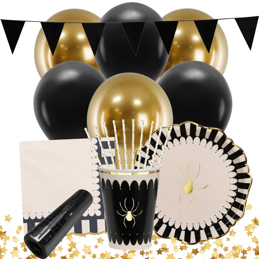 Spindlar kalaskit med svart och guldfärgad dukning, ballonger och dekorationer till Halloweenfest och spindelkalas.