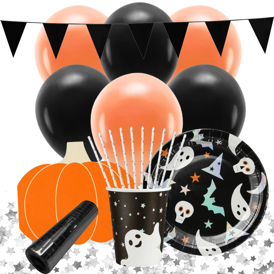 Halloween Spöke kalaskit med svart och orange dukning, ballonger och Halloween-dekorationer för Halloweenkalas och barnkalas