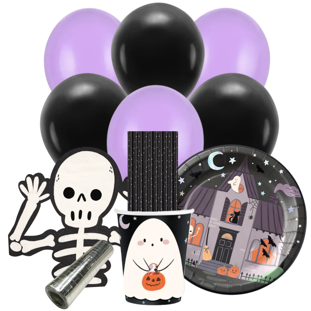 Halloween Spooky Friends kalaskit med dukning, svarta och lavendelfärgade ballonger och Halloween-dekorationer för Halloween-kalas och barnkalas