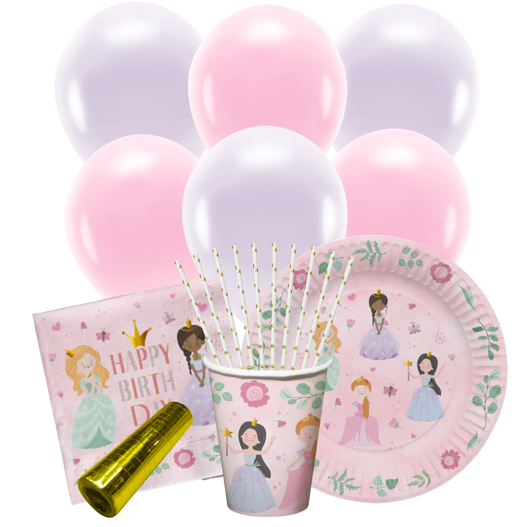 Prinsessor kalaskit Dukning med tallrikar, muggar, servetter och ballonger till Prinsesskalas, barnkalas och födelsedag