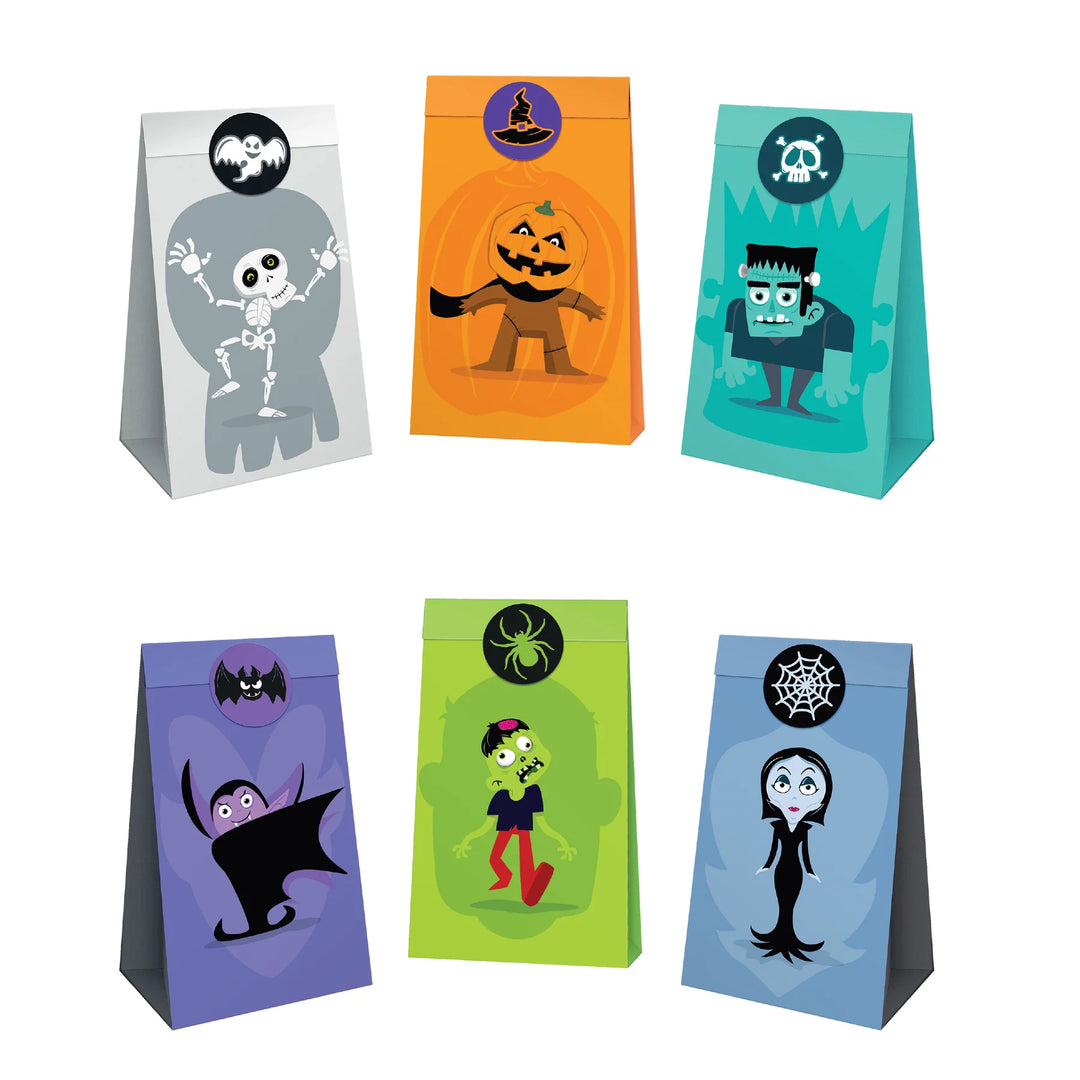 Halloween Monster kalaspåsar 6-pack. Godispåsar med motiv av skelett, monster, dracula för fiskdamm, Halloween-kalas och barnkalas