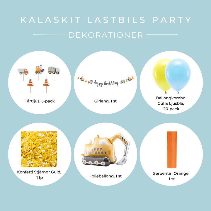 Innehållsbild dekorations-kit lastbils party, med ballonger och kalasdekorationer