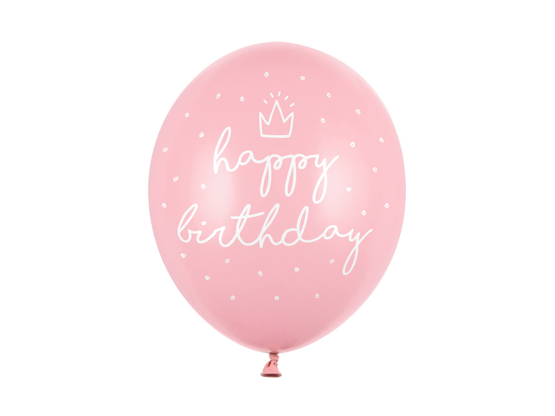 Rosa latexballong 30 cm med texten Happy Birthday i vitt till födelsedag och fest