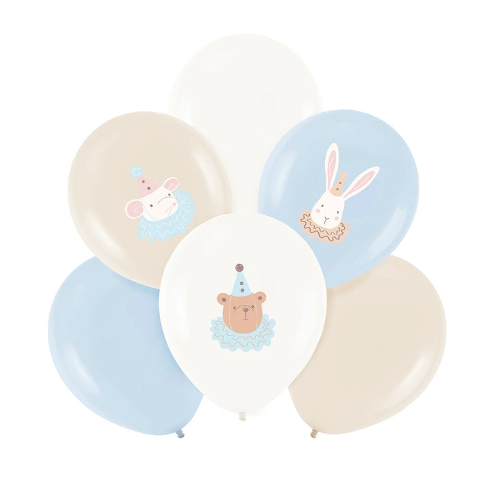 6-pack latexballonger med motiv i färgerna ljusblå, vit och beige. Till barnkalas, dop och babyshower.