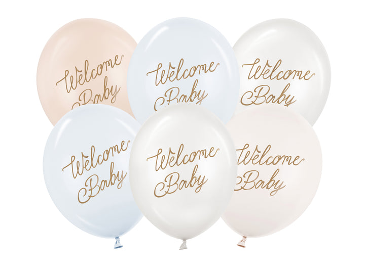 6-pack latexballonger i färgerna blått och beige med texten Welcome Baby, 30 cm. Passar till baby shower och dop.