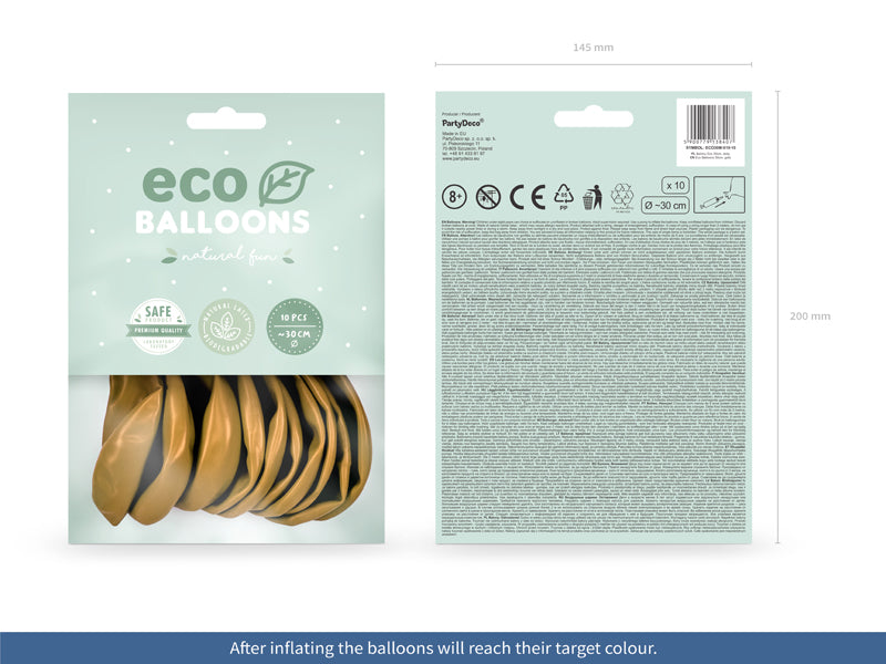 10 latexballonger i guld metallic färg i sin förpackning.