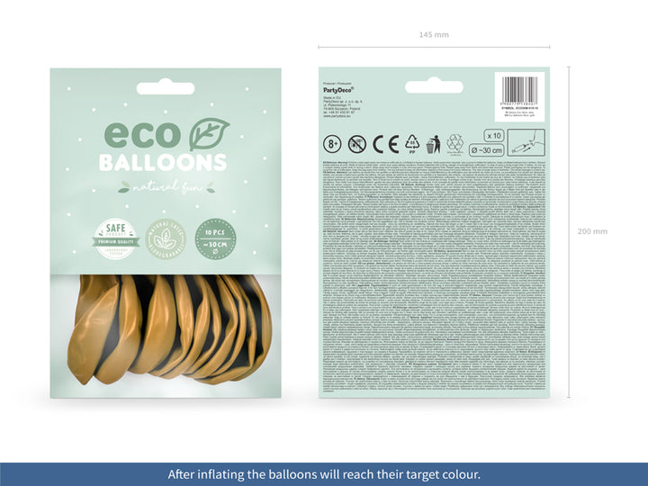 10 latexballonger i guld metallic färg i sin förpackning.