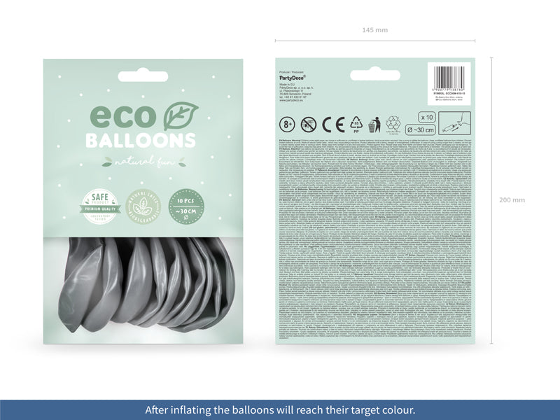 10-pack latexballonger i silver metallicfärg i sin förpackning.