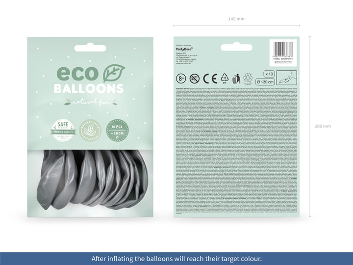 10-pack latexballonger i silver metallicfärg i sin förpackning.
