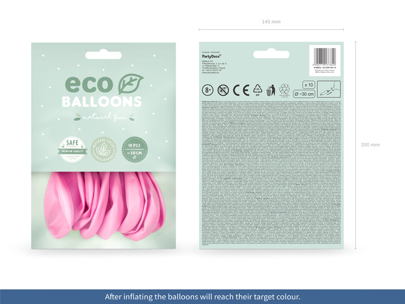 10 latexballonger i rosa färg i sin förpackning.