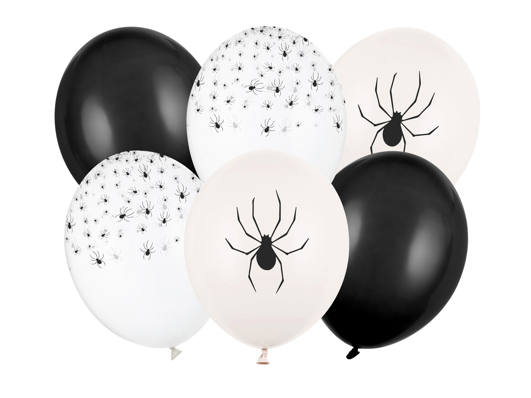 Vita latexballonger med svarta spindel-motiv och enfärgade svarta ballonger, 30 cm 6-pack till barnkalas, Halloween och fest