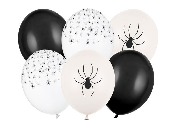Vita latexballonger med svarta spindel-motiv och enfärgade svarta ballonger, 30 cm 6-pack till barnkalas, Halloween och fest