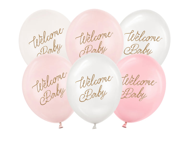 6-pack latexballonger 30cm, i färgerna vitt och rosa med texten welcome baby, för baby shower och dop.