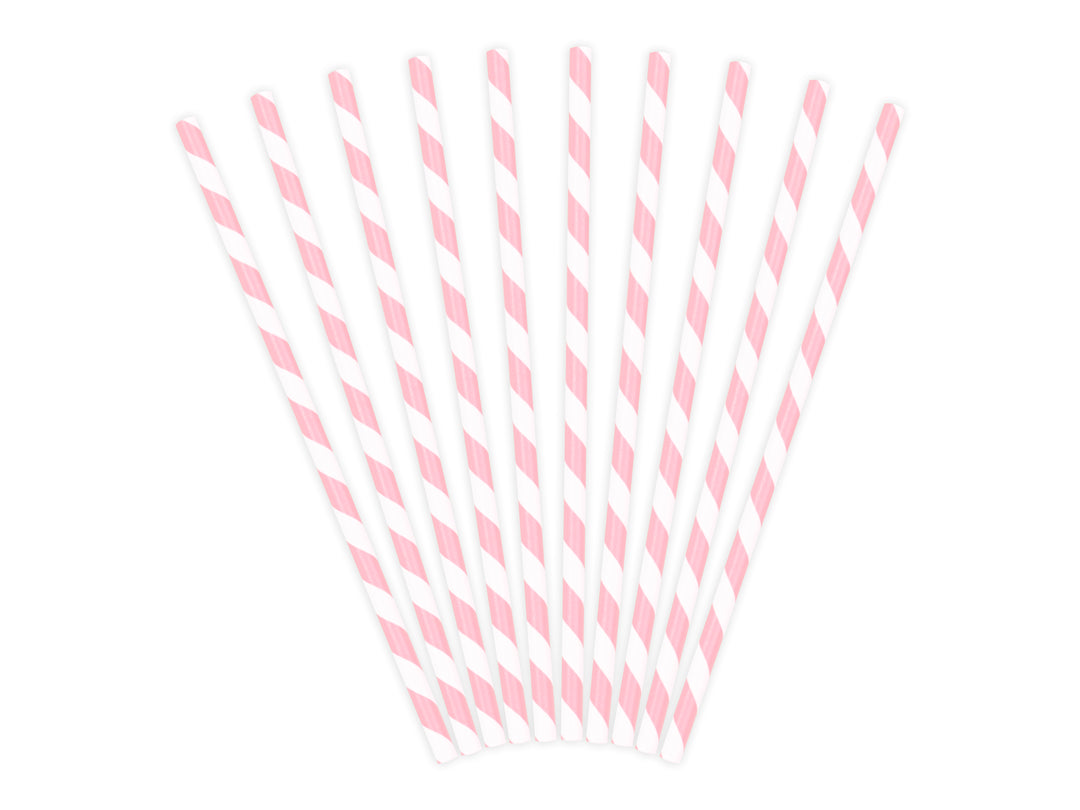 Randiga ljusrosa papperssugrör 10-pack för barnkalas, babyshower, dop och festdukning