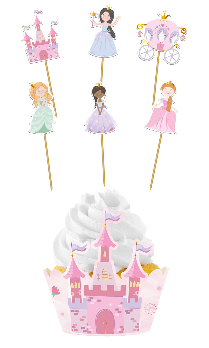 Muffinsdekorationer 12-delar med Cake picks och wrappers med prinsessmotiv i rosa och lila färg.