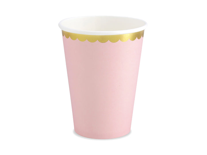 Pappersmuggar i ljusrosa färg med guldkant, 6-pack.