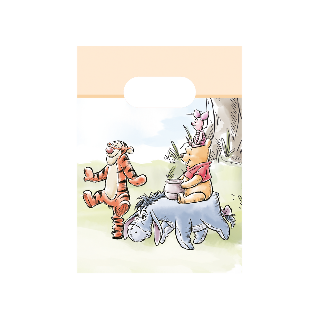 Papperskalaspåsar med motiv av Nalle Puh, Nasse, Tiger och Ior till barnkalas, dop och est