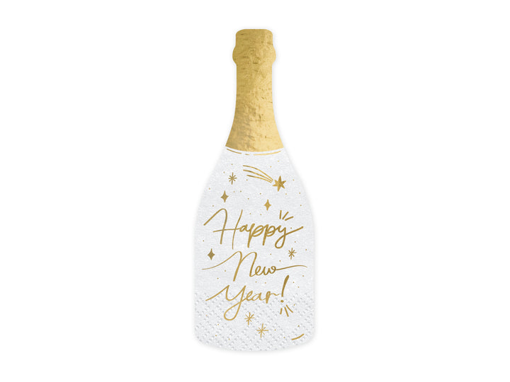 Pappersservett form champagneflaska i färgerna vitt och guld, 20-pack. Passar till nyårsfest.