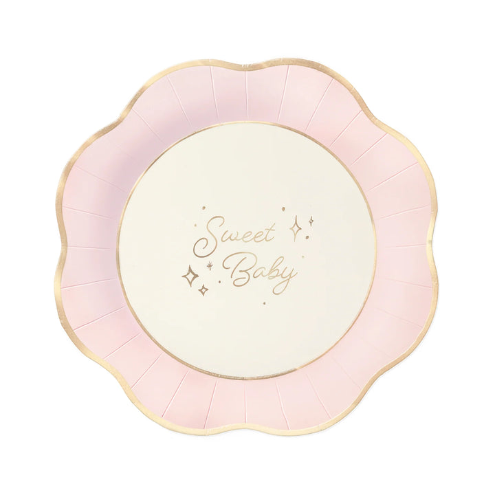 Papptallrikar i ljusrosa och beige med guldkant och texten "sweet baby" för barnkalas och babyshower