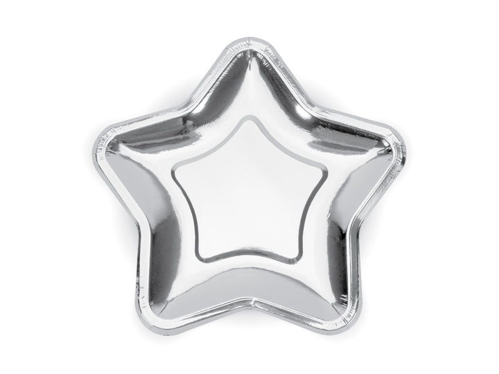 Papperstallrik stjärnformad i silvermetallic, 6-pack för fest och kalas.