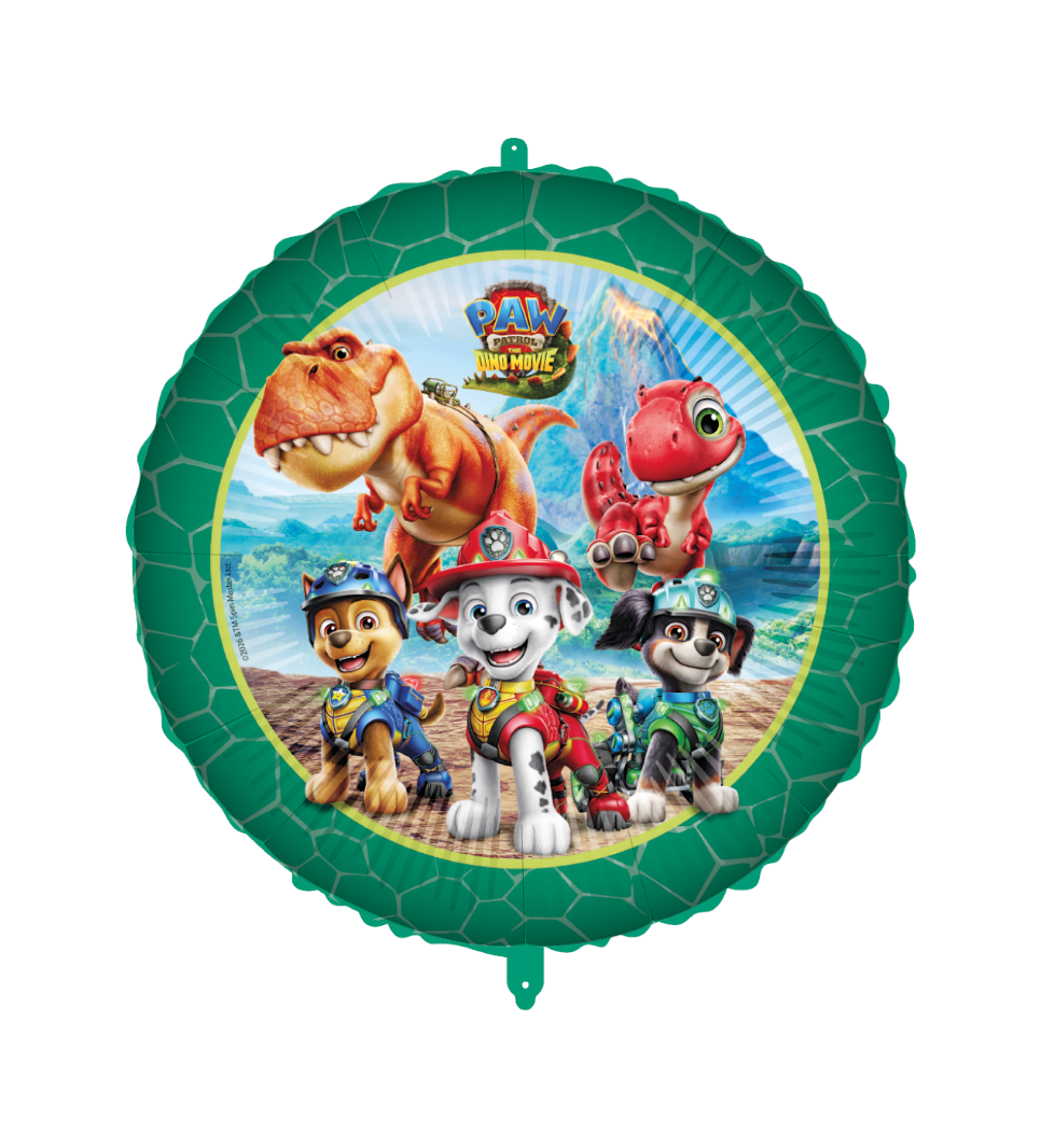 Paw Patrol Dinosaurier rund folieballong 46 cm med Chase, Marshall, Rex och coola dinosaurier till barnkalas.