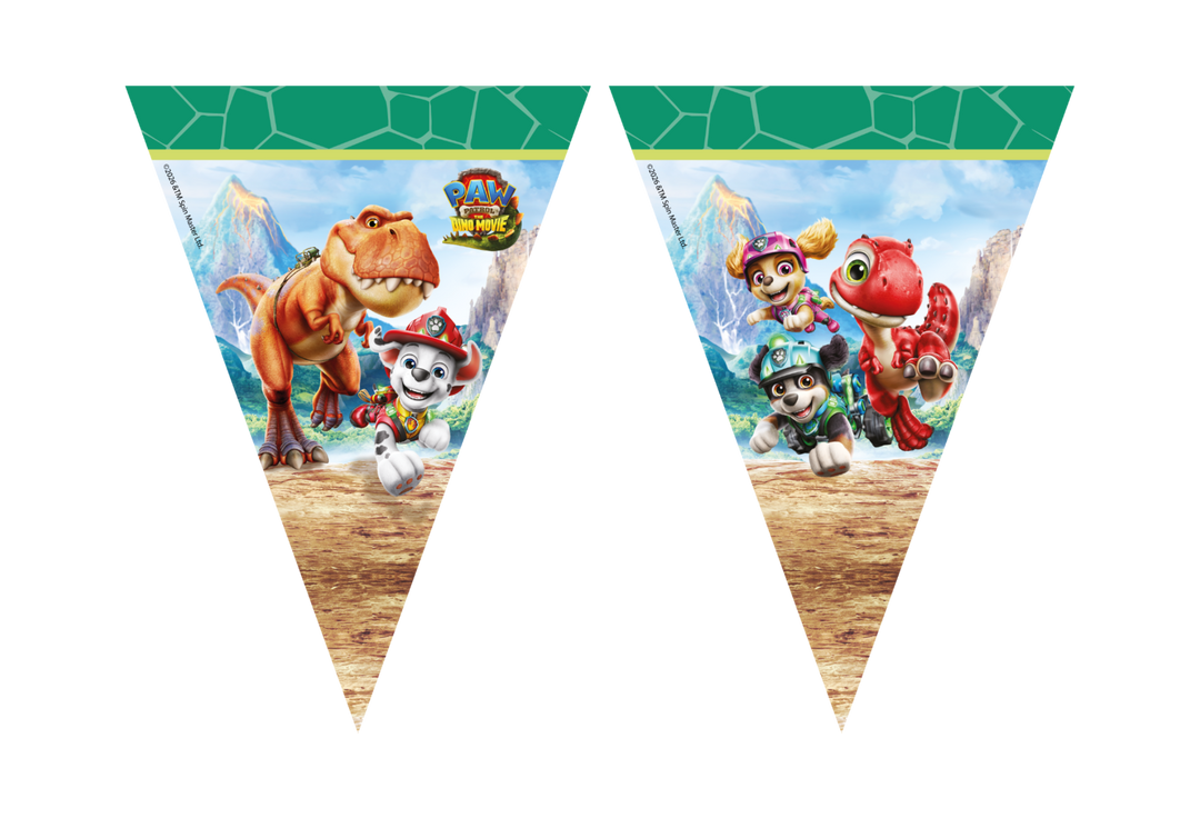 Paw Patrol Dinosaurier flaggirlang med Chase, Rex, Sky och söta dinosaurier till barnkalas.