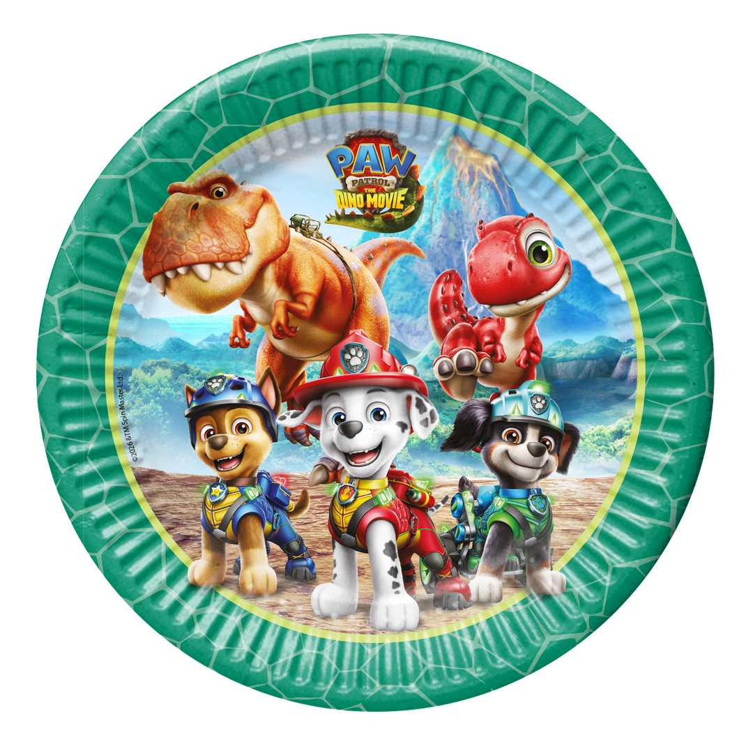 Paw Patrol Dino Movie papptallrikar 23 cm med Chase, Marshall, Rex och dinosaurier till barnkalas.
